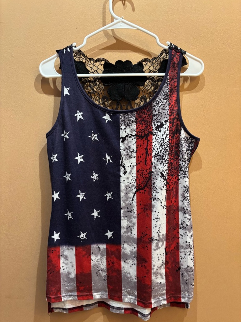 American flag patriotic print tank top a lace cutout back design Size Medium